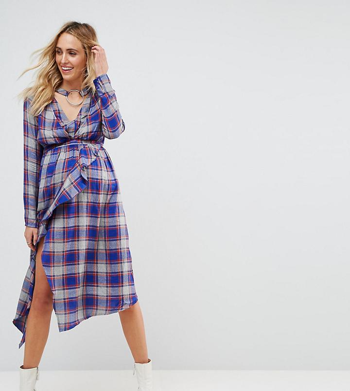 Asos Maternity Nursing Check Dress With Ruffle Front And Collar Detail - Multi