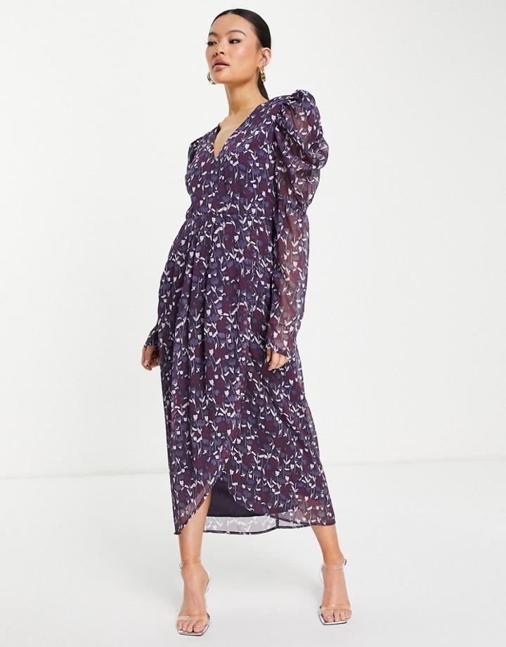 Na-kd Padded Shoulder Floral Midi Dress In Purple-multi