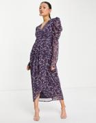 Na-kd Padded Shoulder Floral Midi Dress In Purple-multi