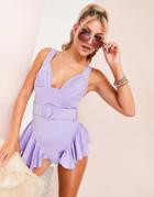 Asos Luxe Frill Hem High Leg Swimsuit With Belt In Lilac-purple
