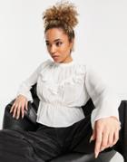 Asos Design High Neck Sheer Top With Ruffle Seam In Ivory-white