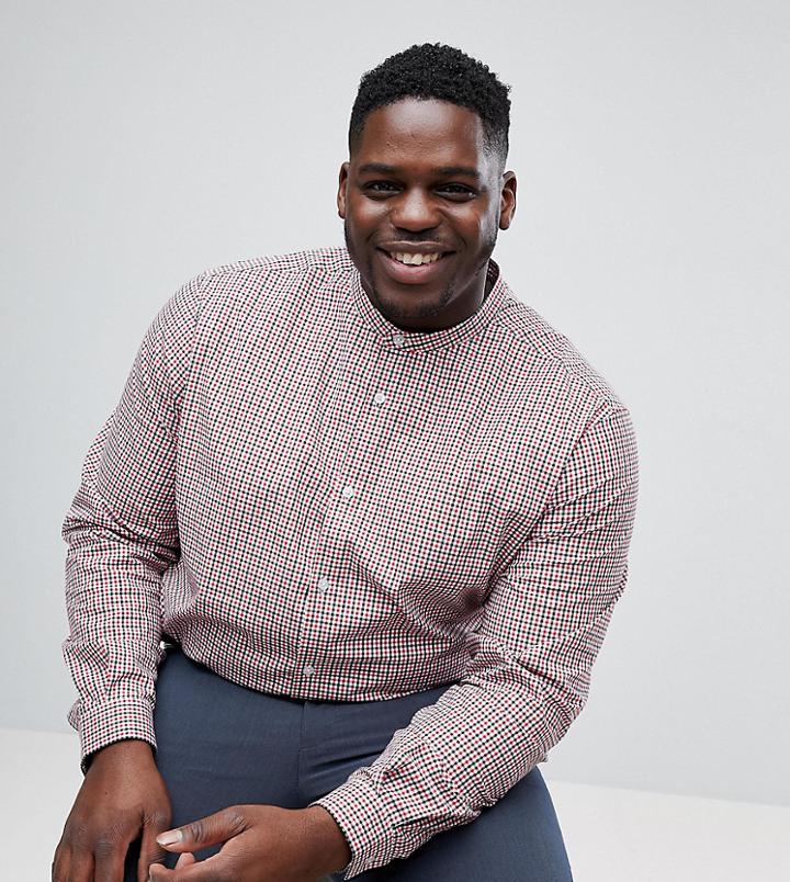 Asos Plus Smart Stretch Slim Poplin Check Shirt With Grandad Collar - White