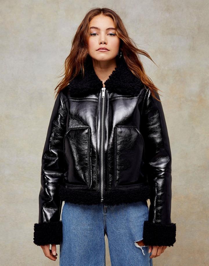 Topshop Vinyl Aviator Jacket With Teddy Trim In Black
