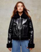 Topshop Vinyl Aviator Jacket With Teddy Trim In Black