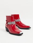Asos Design Cuban Heel Western Chelsea Boots In Red Patent With Silver Chain