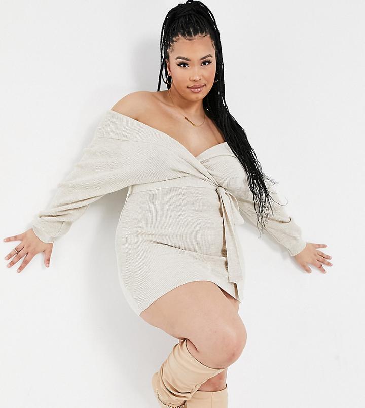Fashionkilla Plus Knitted Off Shoulder Tie Detail Mini Dress In Oatmeal-white