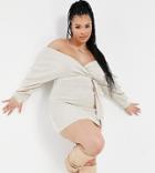 Fashionkilla Plus Knitted Off Shoulder Tie Detail Mini Dress In Oatmeal-white