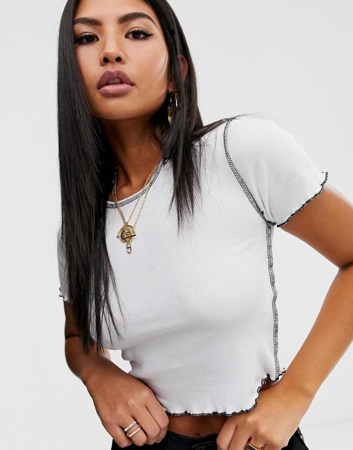 Asos Design Petite Short Sleeve Crop T-shirt With Contrast Stitch In White