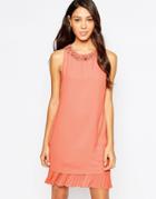 Oasis Embellished Dress With Pleated Hem - Coral