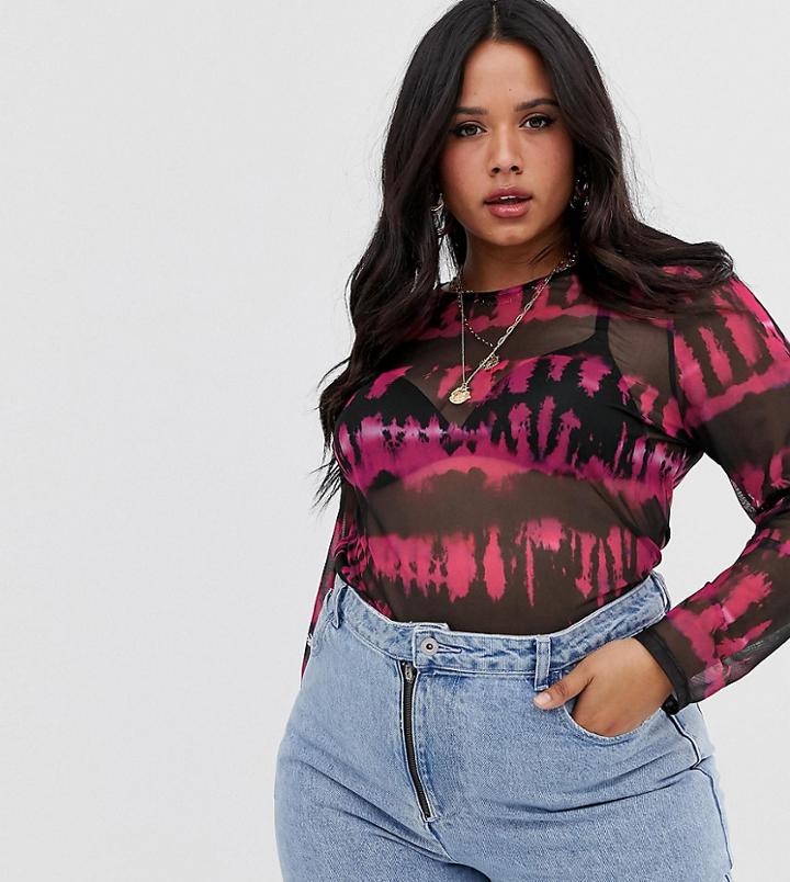 Asos Design Curve Mesh Top In Pink Tie Dye-multi