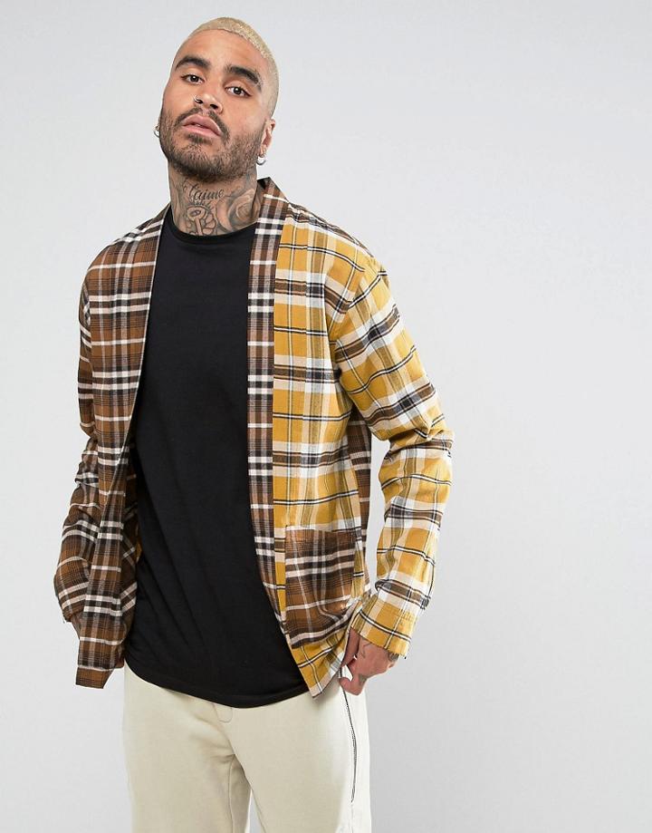 Mennace Spliced Check Kimono Shirt - Multi