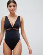 Asos Design Recycled Fuller Bust V Plunge Twist Front Swimsuit-black