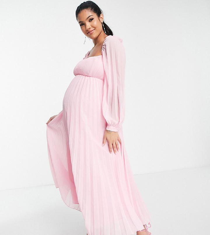 Asos Design Maternity Square Neck Pleated Midi Skater Dress In Soft Pink