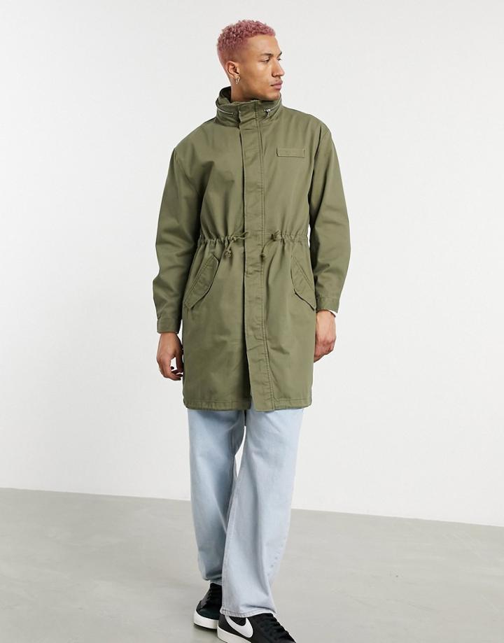 Asos Design Parka Jacket With Funnel Neck In Khaki-green