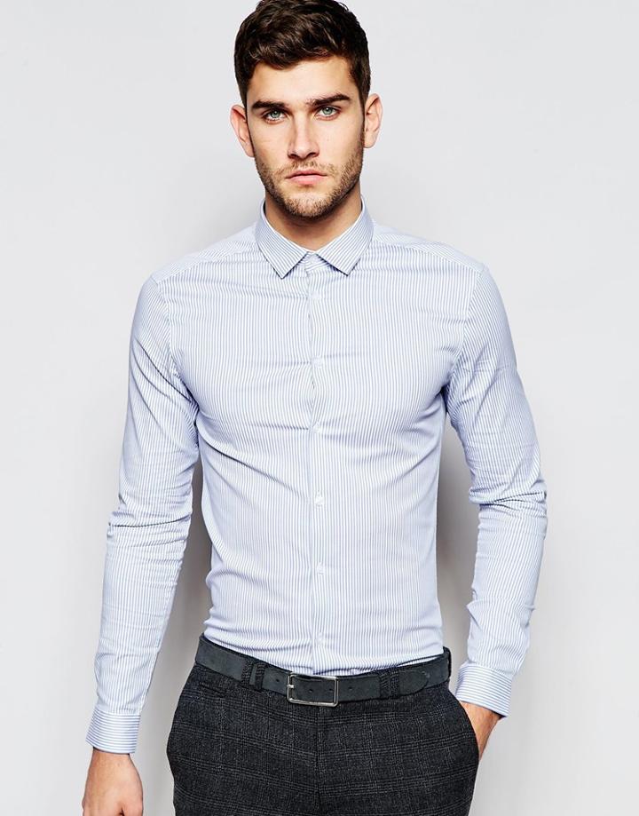 Asos Skinny Shirt In Micro Blue Stripe With Long Sleeves - Blue