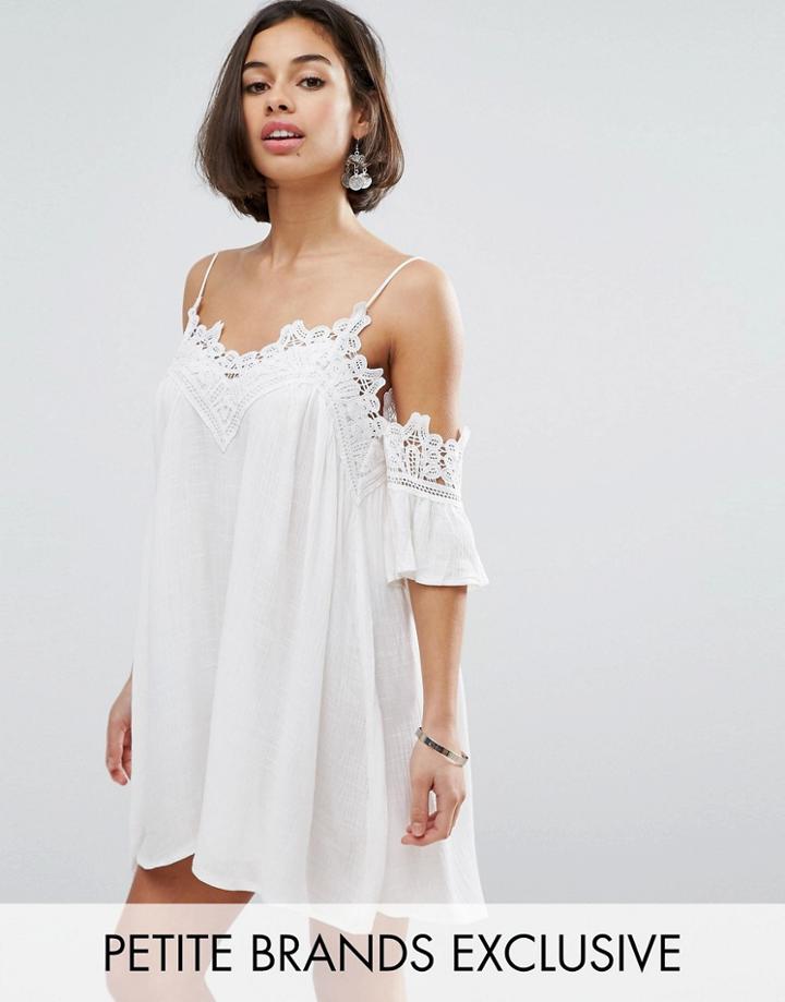 Sisters Of The Tribe Petite Cold Shoulder Cami Strap Swing Dress With Crochet Trim - Cream