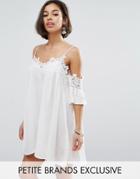 Sisters Of The Tribe Petite Cold Shoulder Cami Strap Swing Dress With Crochet Trim - Cream