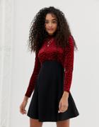 Nobody's Child High Neck Skater Dress With Contrast Panels In Leopard Print - Red