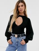 Asos Design Fine Sweater With Cut Out Detail And Volume Sleeve-black