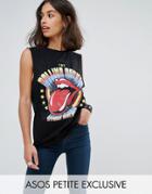 Asos Petite Top With Drop Armhole And Rolling Stones Print - Black
