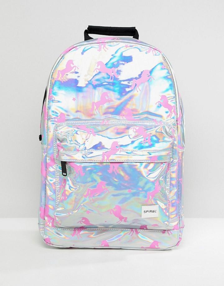Spiral Holographic Backpack With Pink Unicorn Print - Multi