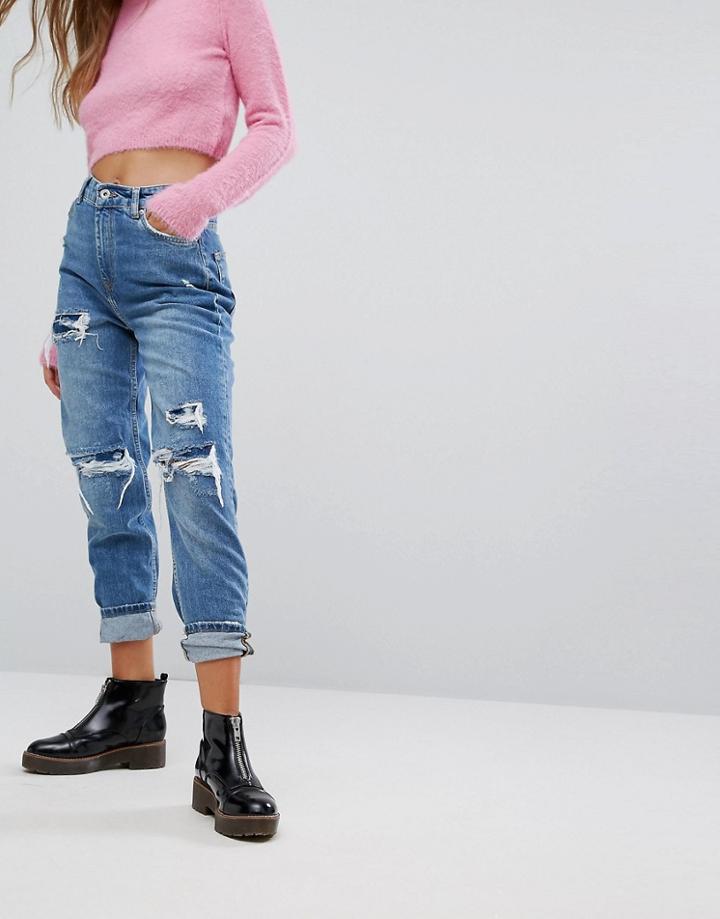 Bershka Distressed Denim Boyfriend Jeans - Blue