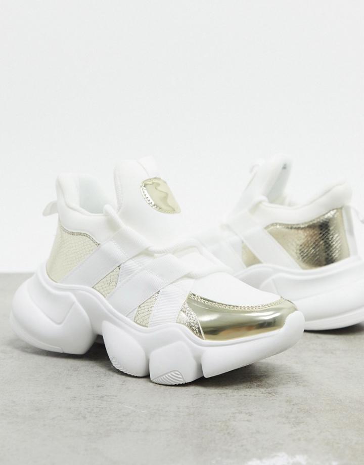 Asos Design Desire Neoprene Lace Up Sneakers In White And Gold-multi