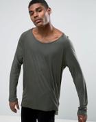 Asos Longline Long Sleeve T-shirt With Raglan Sleeves And Scoop Neck In Drape Bamboo - Green