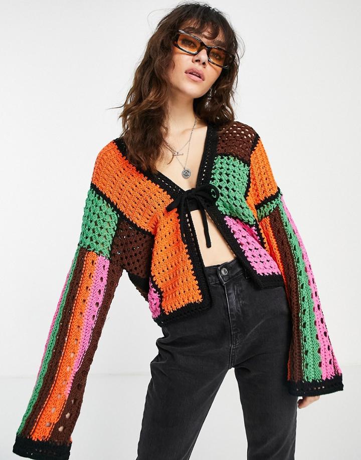 Asos Design Patchwork Cardi With Tie Front In Open Stitch-multi