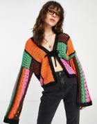 Asos Design Patchwork Cardi With Tie Front In Open Stitch-multi