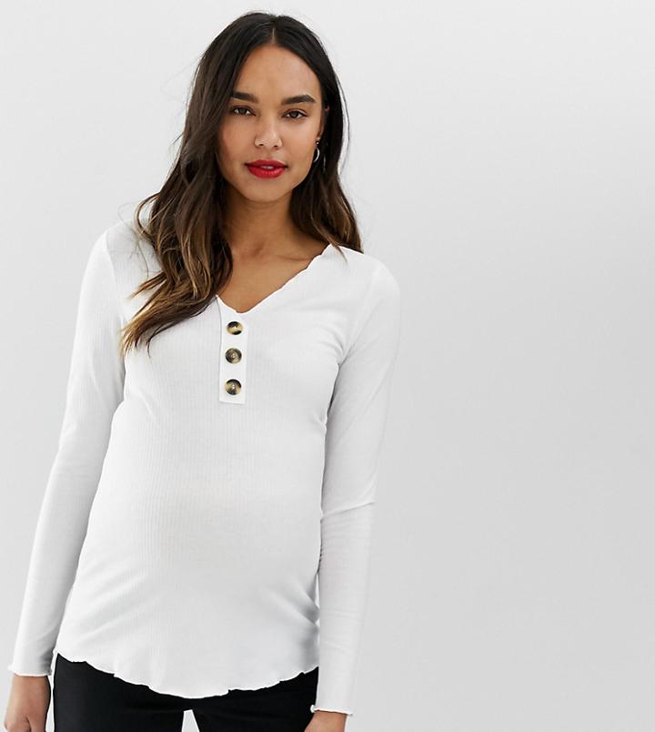 Asos Design Maternity V Neck Ribbed Top With Button Detail - White