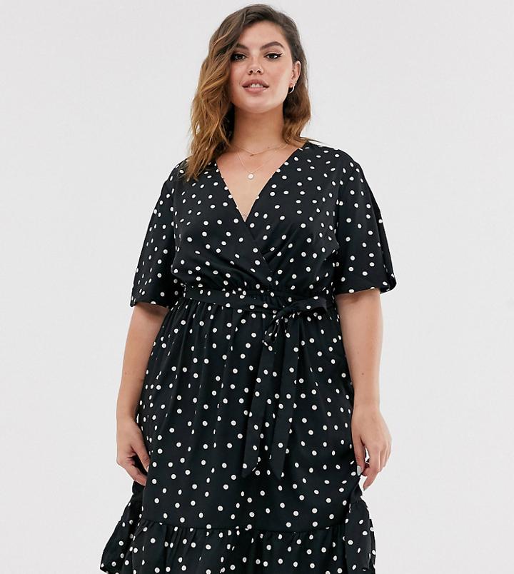 New Look Curve Tiered Dress In Polka Dot - Black