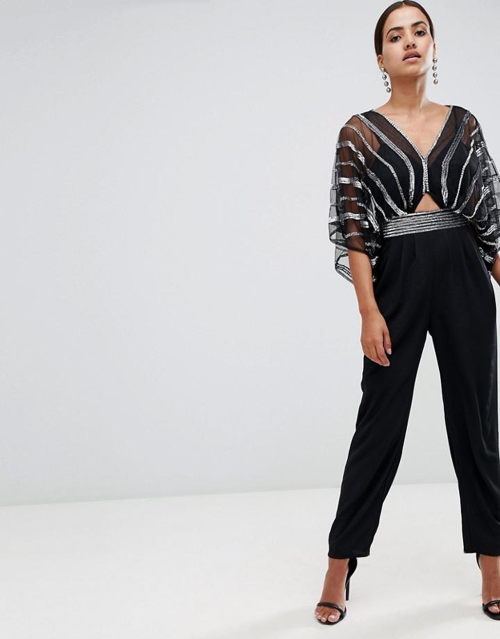 Asos Design Embellished Jumpsuit With Kimono Sleeve And Peg Leg-black