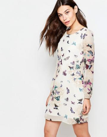 Yumi Long Sleeve Shift Dress In Garden Butterfly Print - Cream