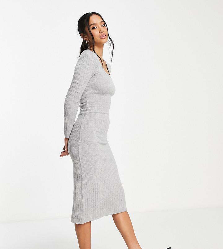 Miss Selfridge Petite Square Neck Brushed Ribbed Midi Dress In Heather Gray