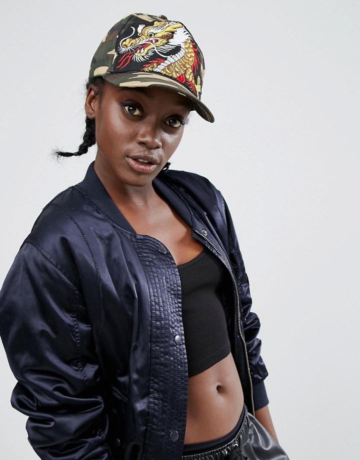 Asos Dragon Embroidery Cap With Snapback - Green