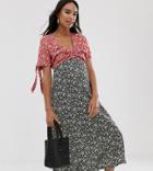 Asos Design Maternity Mixed Floral Print Twist Front Midi Tea Dress-multi