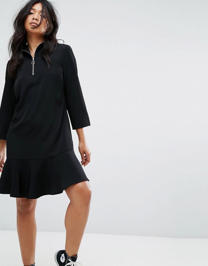 Jdy High Neck Ring Zipper Drop Hem Dress - Black