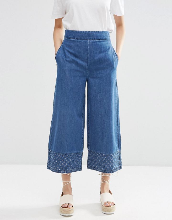 Asos Denim Co-ord Wide Leg Cutwork Pant - Midwash Blue