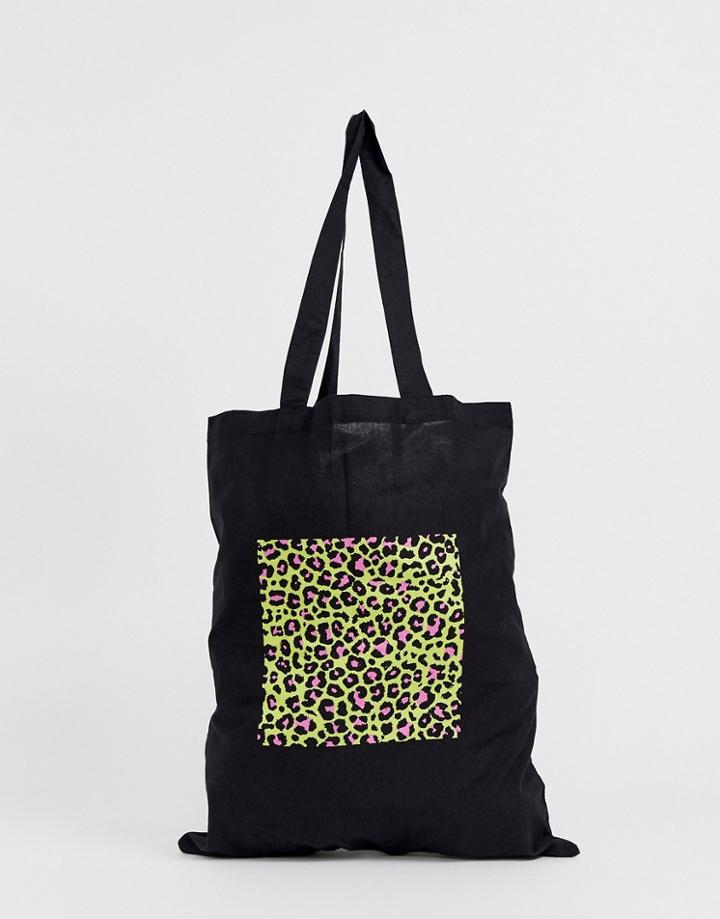 Asos Design Organic Cotton Tote Bag In Black With Neon Leopard Box Print