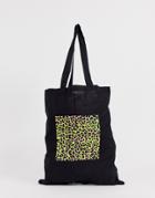 Asos Design Organic Cotton Tote Bag In Black With Neon Leopard Box Print