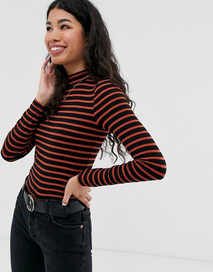 Brave Soul Orion Roll Neck Top In Stripe - Brown