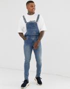 Asos Design Skinny Denim Overalls In Light Wash Blue