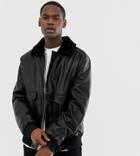 Collusion Tall Faux Leather Bomber With Fleece Collar-black