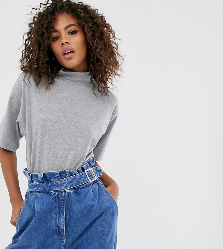 Asos Design Tall High Neck Short Sleeve T-shirt In Gray Marl - Gray