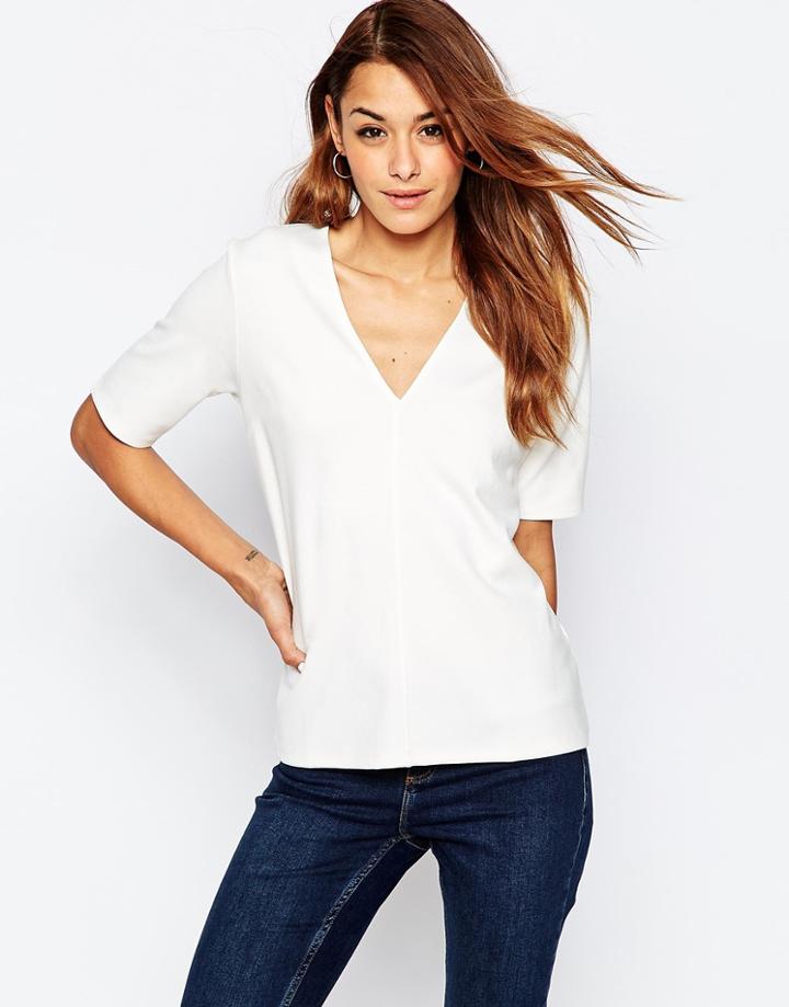 Asos The Ponte Top With V Neck Detail - Cream
