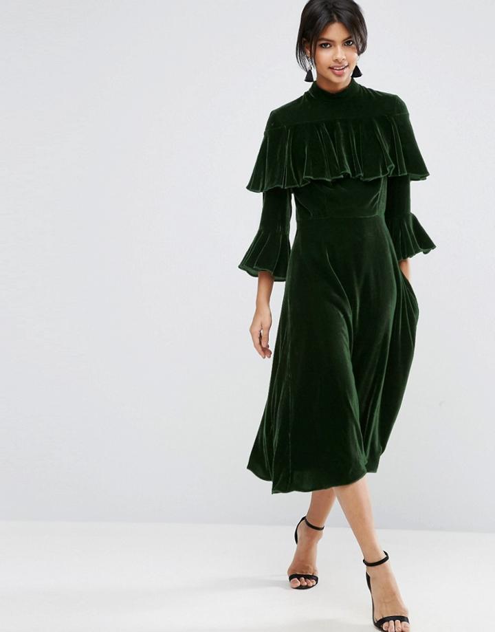 Asos Trumpet Sleeve Velvet Midi Dress - Green