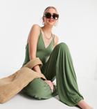 Asos Design Tall Wide Leg Slinky Beach Jumpsuit In Khaki-green