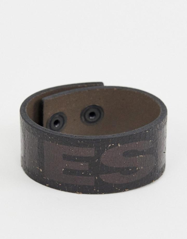 Diesel Leather Wrap Bracelet In Black With Logo Detail - Black