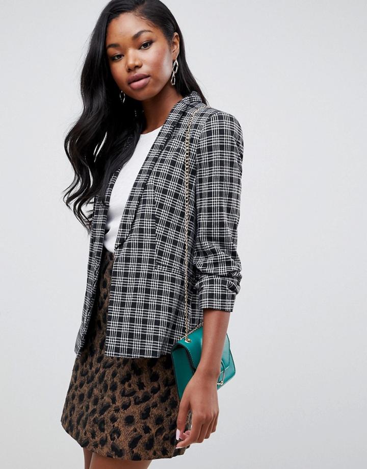 Miss Selfridge Blazer With Ruched Sleeves In Check - Black